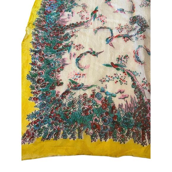 Vtg Rico Scarf Made in Japan Birds Yellow Square 100% Silk Hand Rolled 16.5” Sq - Picture 2 of 5